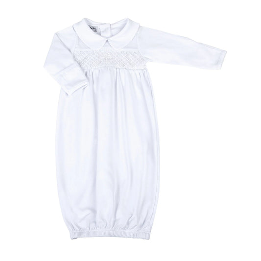 Blessed White Smocked Collared L/S Girl Gathered Gown
