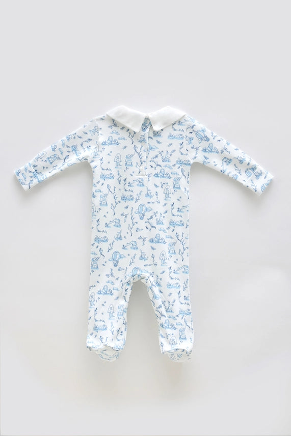 Baby Footed Onesie Toile De Jouy Blue