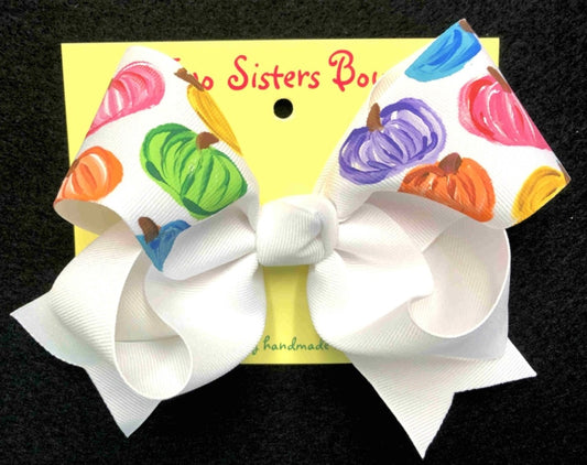 Colorful Pumpkins Hand Painted Bow in White