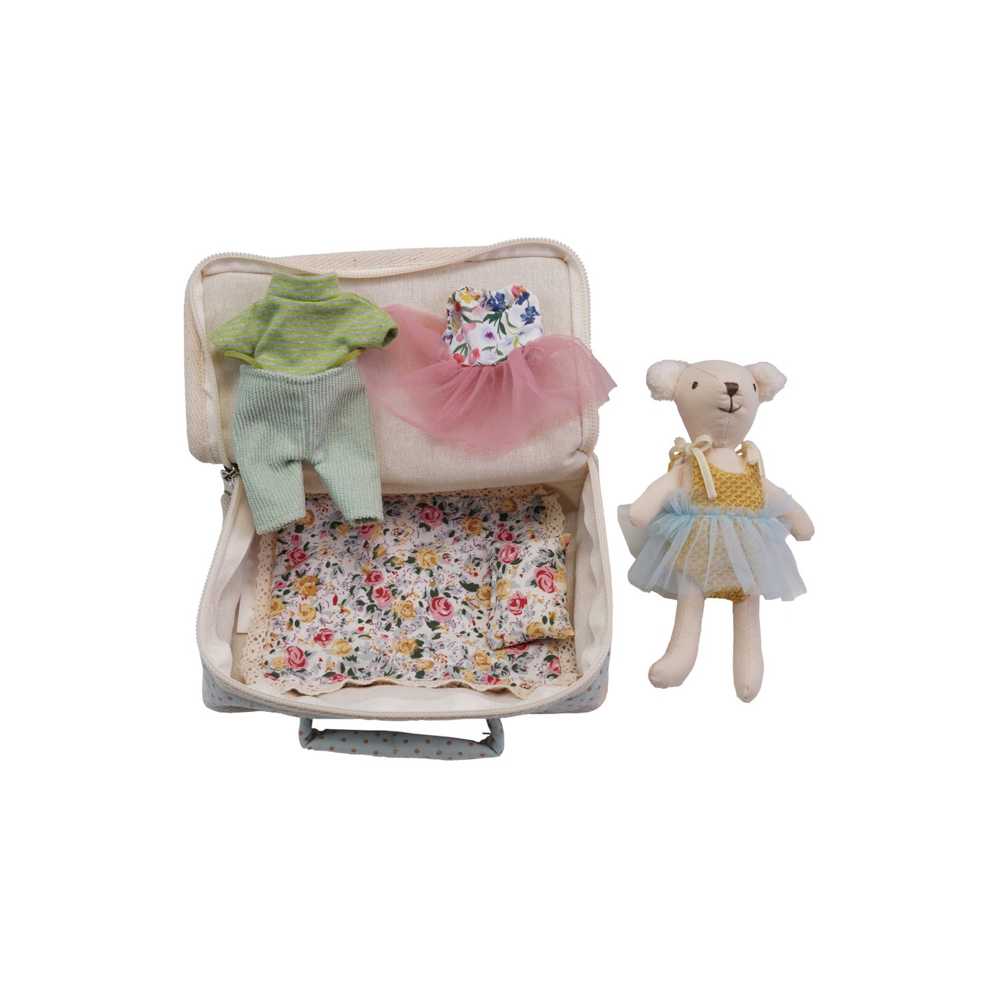 Fabric Suitcase Bed with Plush Bear & Outfits S/6