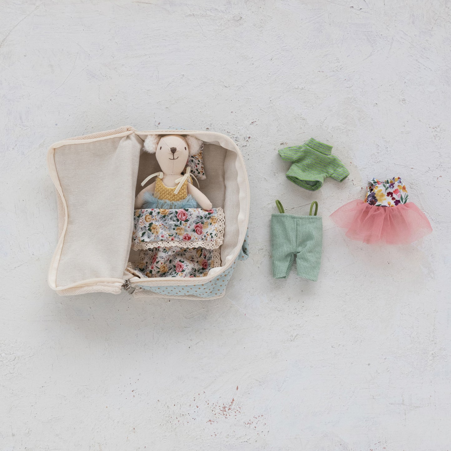 Fabric Suitcase Bed with Plush Bear & Outfits S/6