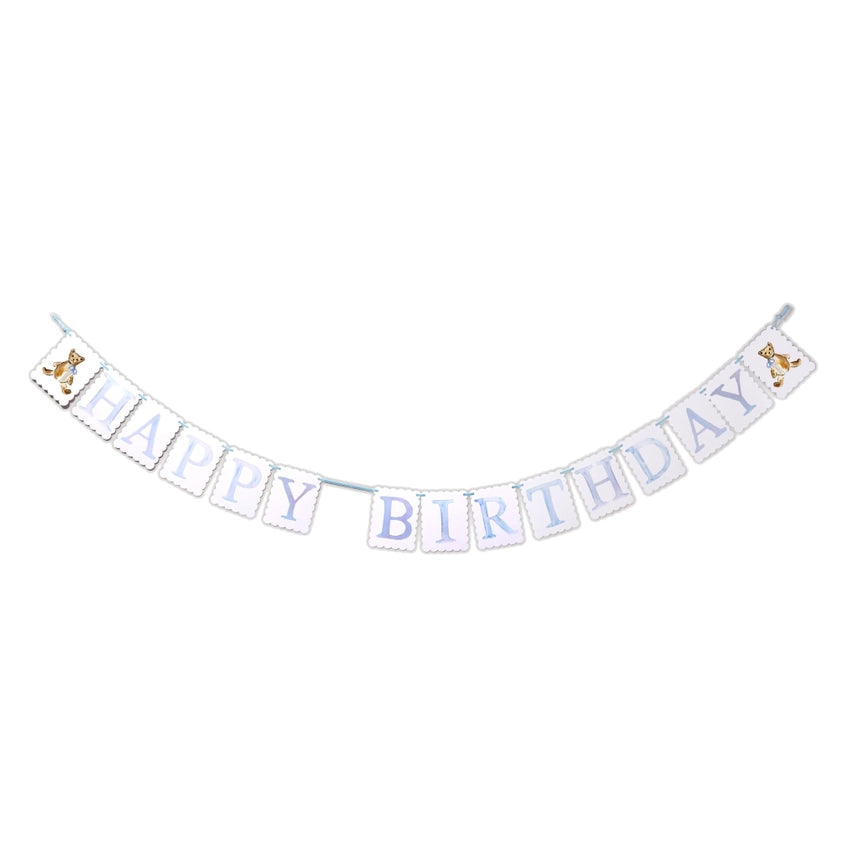 Happy Birthday Banner Teddy Bear Blue Bow
