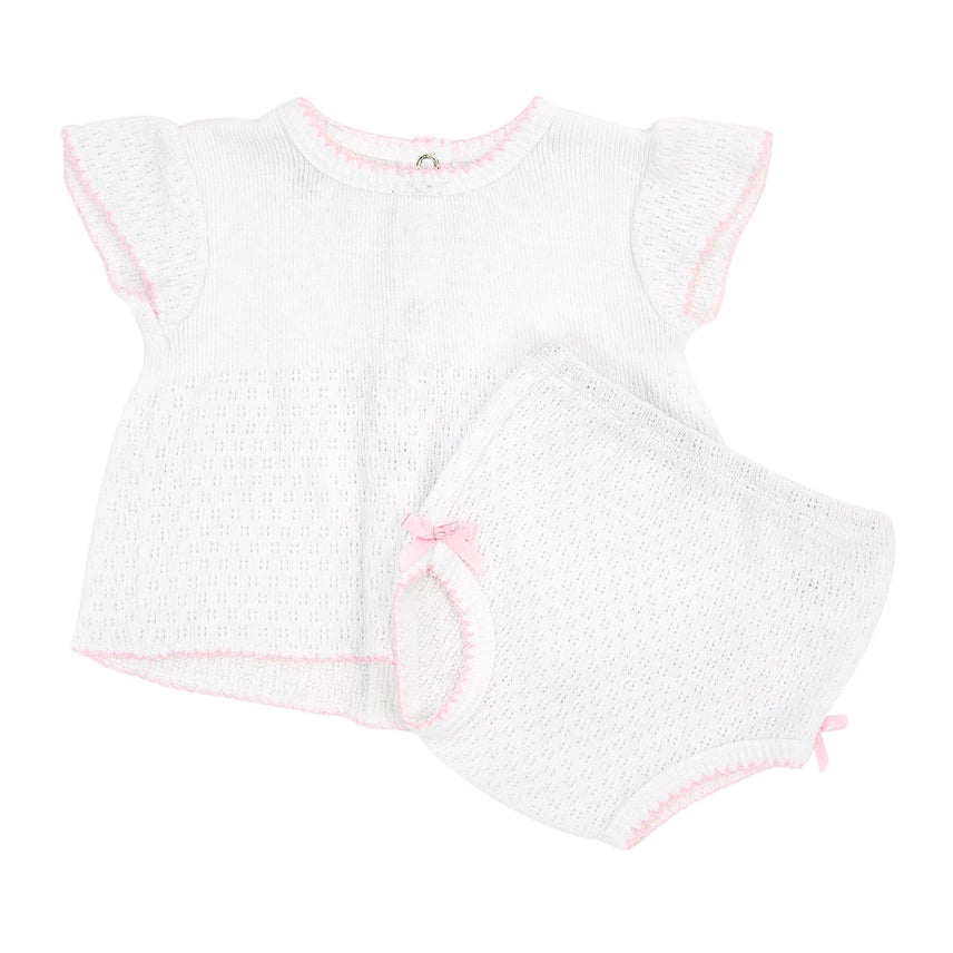 Paty Knit Flutter Sleeve Diaper Set with Bows Pink
