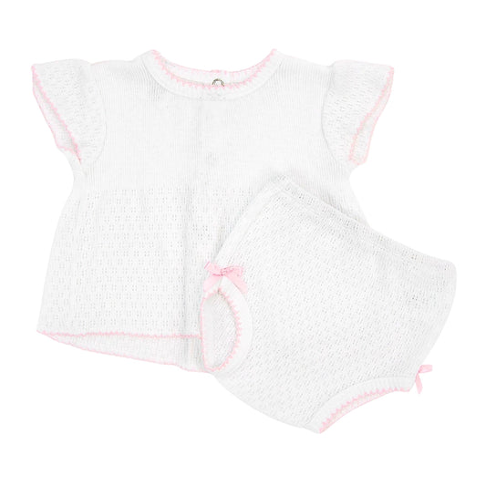 Paty Knit Flutter Sleeve Diaper Set with Bows Pink