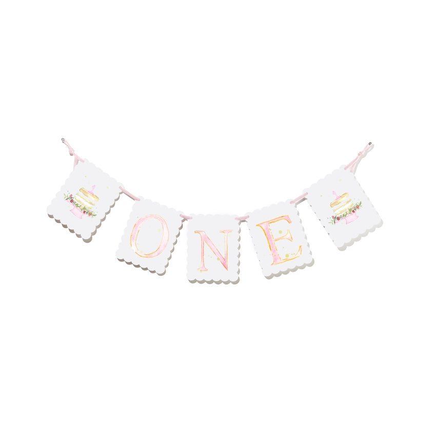 Pink "One" Highchair Banner with Cake End Pieces