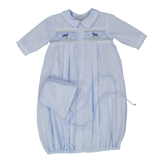 Blue Rocking Horse Smocked Gown
