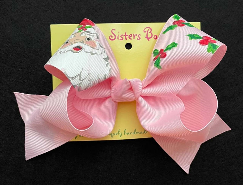 Santa Holly in Pink Hand Painted Bow