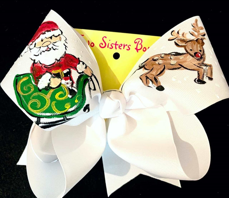 Santa Sleigh Rudolph Hand Painted Bow