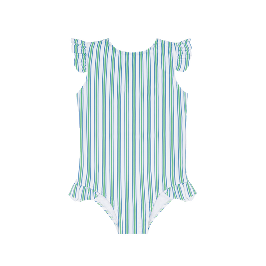 Girls Tamarin Stripe Ruffle Cap Sleeve Rashguard One Piece