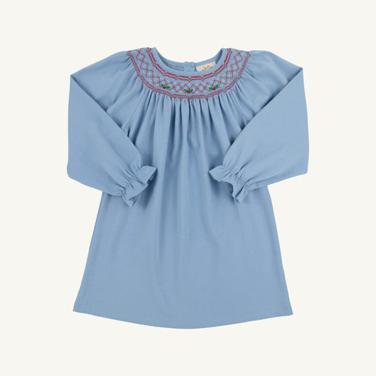 Long Sleeve Sandy Smocked Dress Blue White & Red