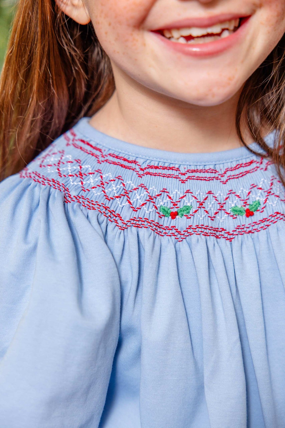 Long Sleeve Sandy Smocked Dress Blue White & Red
