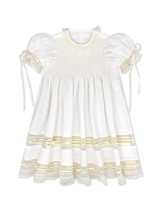 Margaret Dress Spring White Swiss Dot Ecru Smocking & Lace