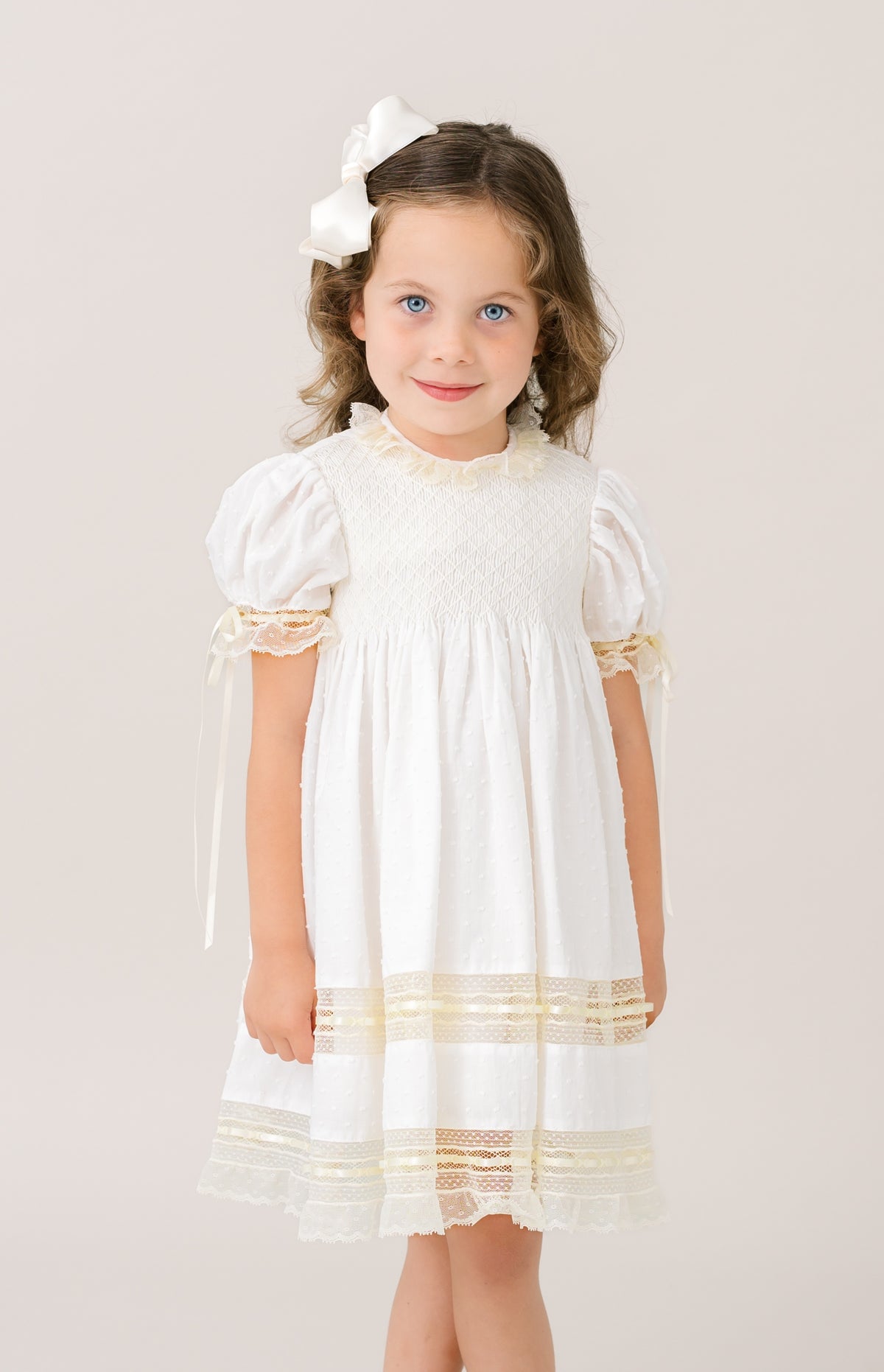Margaret Dress Spring White Swiss Dot Ecru Smocking & Lace