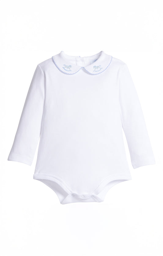 Long Sleeve Pinpoint Onesie Blue Rocking Horse