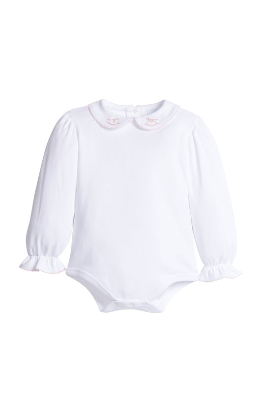 Long Sleeve Pinpoint Onesie Pink Rocking Horse