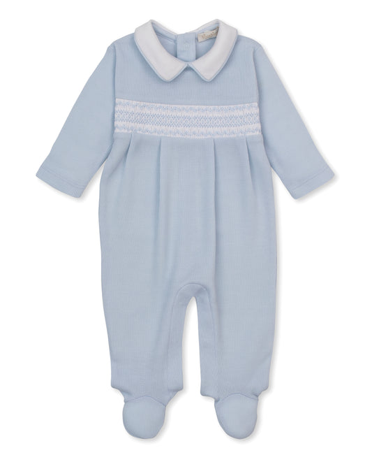 Punto Ingle Footie w/ Hand Smocking Light Blue